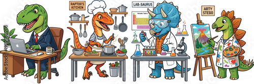 Dinosaur Professions Cartoon Illustration Set Featuring Trex Office Worker Raptor Chef Triceratops Scientist Stegosaurus Artist Editable Vector Collection
