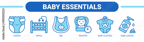 Baby Essentials web banner icon vector illustration concept with icons of diaper, wipes, bib, pacifier, baby clothes, and baby lotion.