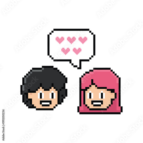 Pixel art man and woman talking with pink hearts in speech bubble love romance communication cute people.