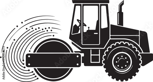 Black and white illustration of a road roller compacting asphalt with dust particles compactor steamroller
