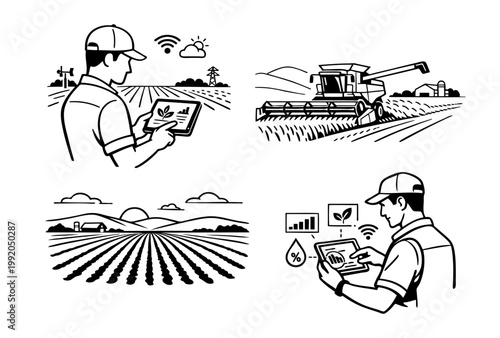 Farmer Using Modern Technology for Smart Agriculture and Crop Management on a Vast Rural Field With a Combine Harvester During Harvest Season vector