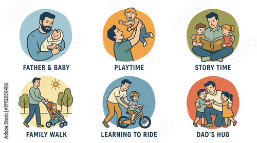 Father spending time with kids set in warm flat cartoon illustration style