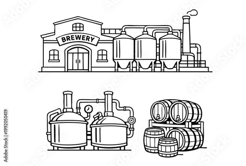 Outlined Illustration Showing a Brewery Building, Industrial Fermentation Tanks, Brewing Machinery, and Wooden Beer Barrels Arranged on a White Background, Representing the Complete Process vector