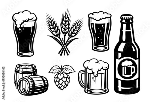 Collection of Essential Beer Brewing Ingredients and Serving Items With Foamy Glasses, a Bottle, Wheat Stalks, Hop Cone, and Storage Barrels Depicted vector