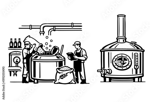 Brewers Producing Craft Beer at a Modern Brewing Facility Pouring Ingredients Into a Mash Tun and Monitoring the Process With Fermentation Tanks Nearby During Daytime Production vector