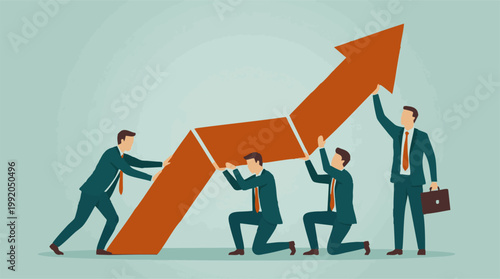 Business Team Collaboration Pushing Upward Arrow for Growth and Success