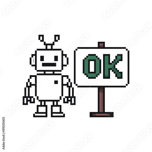 Pixel art robot holding ok sign board character design for gaming interface technology website assistant friendly automation.