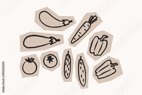 Hand drawn vegetable set. Textured brush strokes icons. Organic food stickers with grainy ink effect. Minimalist harvest with pepper, eggplant, carrot, tomato. Farm and local food. Isolated vector