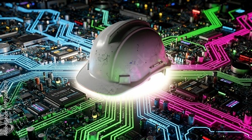 Construction Safety Helmet on a Glowing Digital Circuit Board