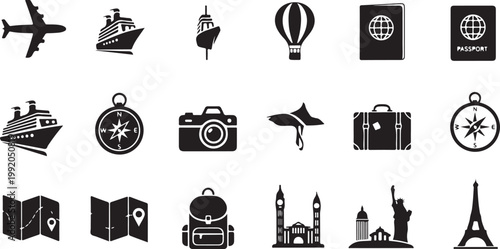 Travel icons, tourism symbols, 20 black vector graphics, navigation and transportation illustrations