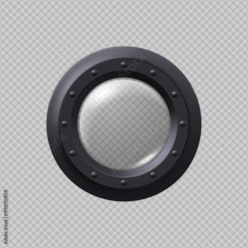 Submarine window porthole, vector realistic 3D round window black frame, glass and rivets, hole fuselage, illuminator