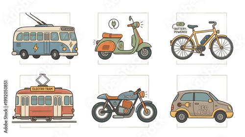 Electric urban transport icon set with scooter bike tram and eco mobility vehicles