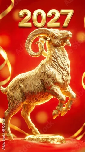 A golden goat surrounded by golden ribbons with the number 2027, a Chinese New Year celebration scene on a red background. Representative and astrology sign
