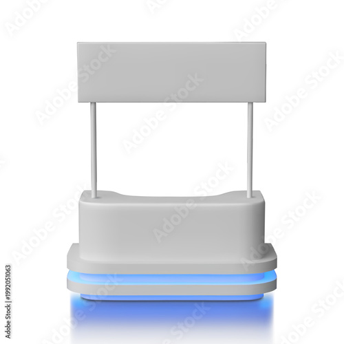 Advertising promo booth stand, service desk, marketing kiosk with signboard, led illumination vector realistic 3D mockup