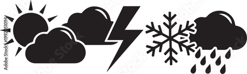 Weather icons, black silhouette set, sunny, cloudy, stormy, rainy, snowy symbols