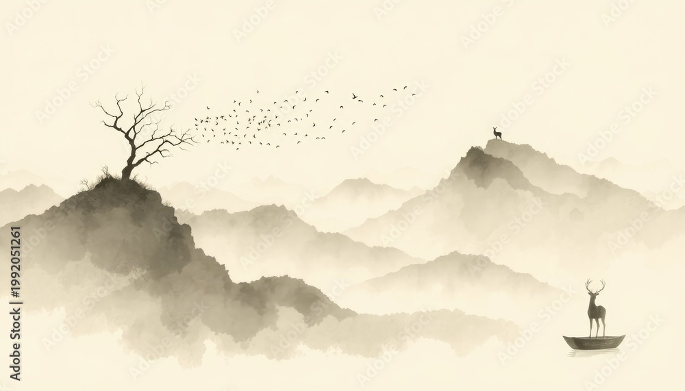 Fototapeta premium Misty mountain landscape with migrating birds, a lone deer on a peak, and another deer in a boat, perfect for tranquil presentations and serene contemplation