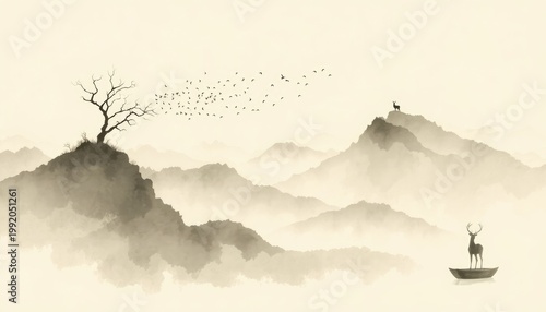 Misty mountain landscape with migrating birds, a lone deer on a peak, and another deer in a boat, perfect for tranquil presentations and serene contemplation