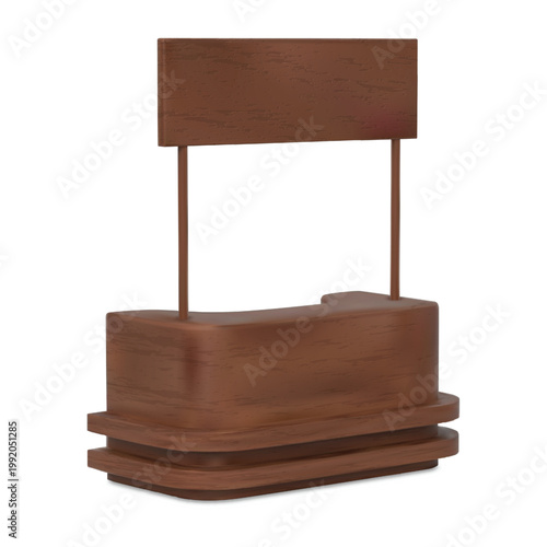 A realistic wooden desk with a blank information panel on top.