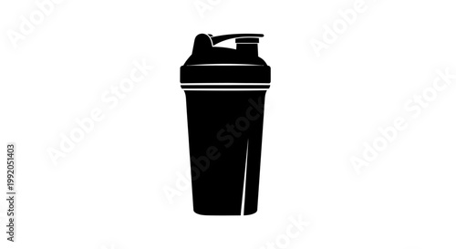 Black plastic sports protein shaker bottle.