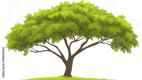 A vibrant illustration of a tree, showcasing lush green foliage and brown trunk. Its roots rest on green grass