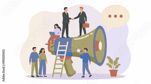 Business team working on marketing and communication strategy with megaphone
