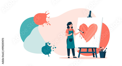Artist painting a large pink heart on canvas, abstract background with paint splatters