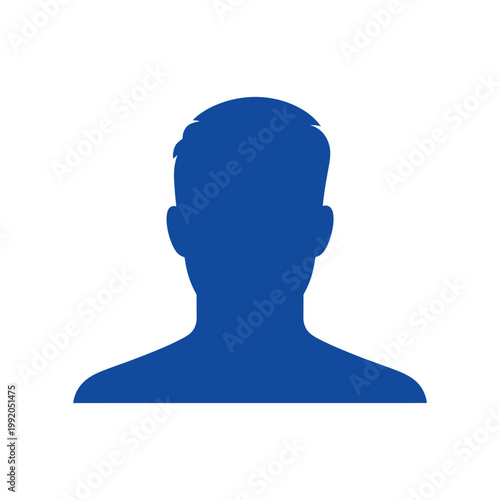 Blue silhouette of male person head shoulders profile simple user avatar icon isolated on checkered background.