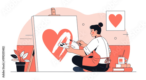 Artist painting a large red heart on canvas, creative hobby, love and passion concept