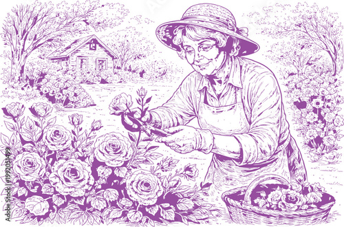 Grandma Pruning Roses Cottage Garden Line Art