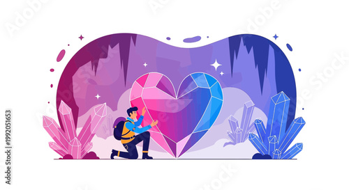 Adventurer Discovering Giant Crystal Heart in Cave, Love, Discovery, Exploration, Gemstone
