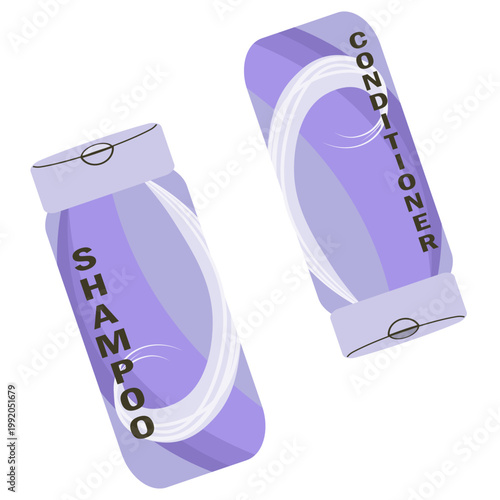 Matching purple shampoo and conditioner set in vibrant bottles, with stylized white hair wave. Ideal for blonde hair care, salon marketing, and beauty routine visuals.