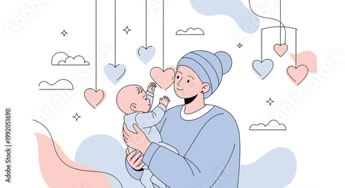 Mother Holding Baby with Heart Mobile, Love and Family Concept