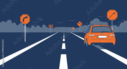 Orange car driving on highway at night with road signs and cloudy sky