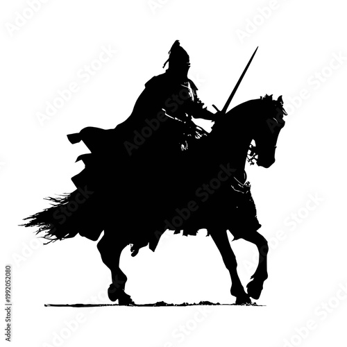 Medieval knight on horseback with sword.