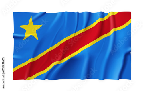 Realistic DR Congo country flag isolated on a transparent background. Silk atlas detailed fabric flag. Vector PNG