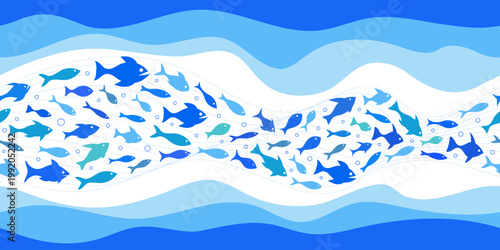 Shoal of fish, sea waves, seamless pattern, vector cartoon