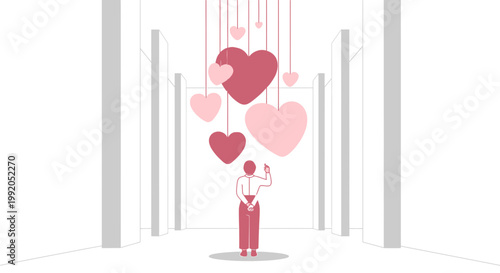Person admiring hanging heart decorations in a minimalist hallway, abstract love concept