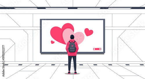 Person admiring large abstract heart shapes on a digital billboard in a modern gallery