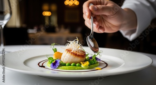 Chef Finishing Seared Scallop Dish in Fine Dining Restaurant
