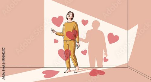 Person bathed in light with hearts, symbolizing love, self-love, or emotional connection