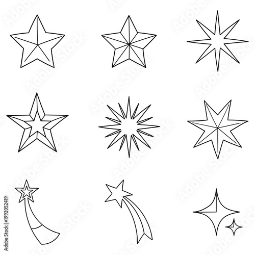 Hand-drawn doodle set of stars on a white background.