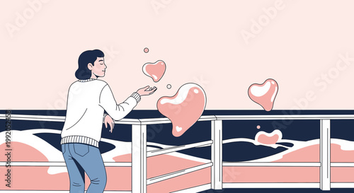Person blowing heart-shaped bubbles over abstract water waves, symbolizing love and dreams.