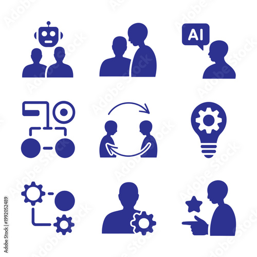 Blue colored artificial intelligence and data management icons depicting automated processes and teamwork strategies in business.