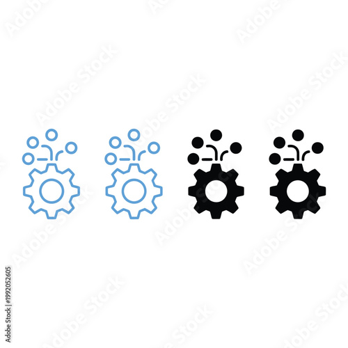 Gear with data nodes icon set in outline and solid styles representing digital engineering and automated networking for industry.