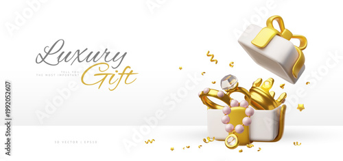 Luxury jewelry gift 3D vector advertising design, open gift box with jewelry presents, golden ring with diamond
