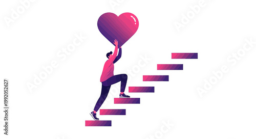 Person climbing stairs holding a large gradient heart, symbolizing love, success, and personal growth