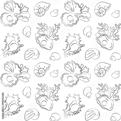 Hand-drawn seamless pattern, shells, coral, pearl oyster, underwater sea world graphic illustration for wedding decor, backgrounds