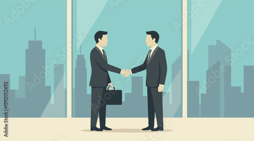 Two businessmen shaking hands in modern office with city skyline view