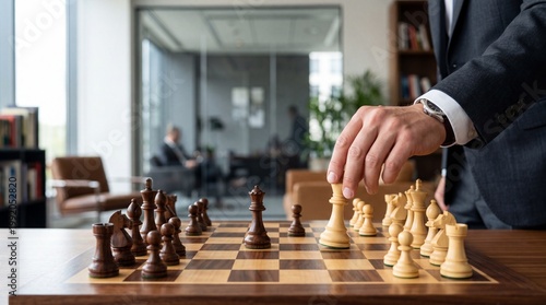 Closeup of businessman playing chess in office meeting room. Corporate strategy, planning, leadership, decision, competition and business success concept.