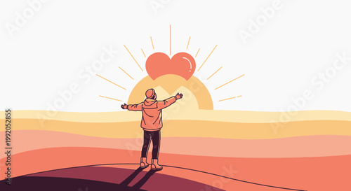 Person Embracing Sunrise with Heart Symbol: Hope, Love, New Beginnings